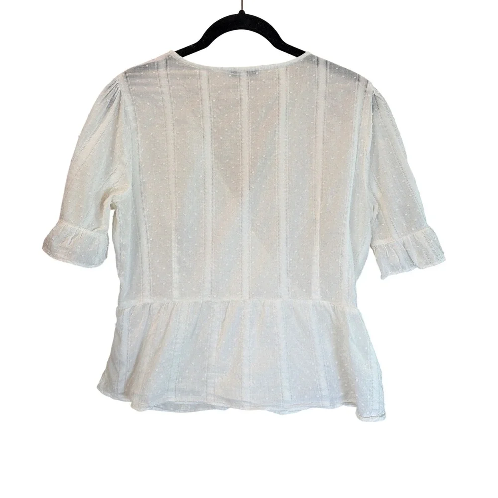 Madewell White Swiss Dot Wrap Top Short Puff Sleeve Ruffle Peplum Blouse Size 6